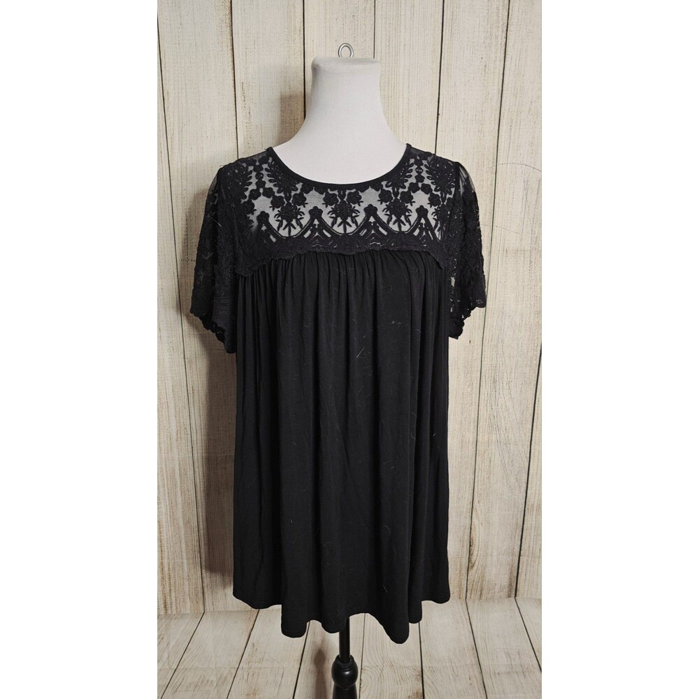 Allie Rose Womens Large Black Floral Lace Babydoll Top Sheer Yoke Short Sleeve